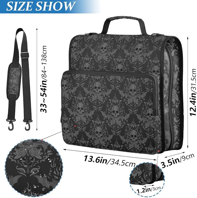 Gothic Skull Binder Bag 3 Ring Zipper with Handle Shoulder Strap | for School Work Office Organizer Storage Case