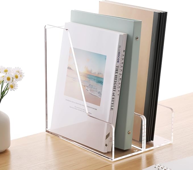 YUXUN 4-Pack Vertical File Holder for Desk, Acrylic Magazine Holder,Clear | Clear Binder Organizer Document Rack with Non-Slip Pads, Desktop Storage for Office, Home & School Lockers
