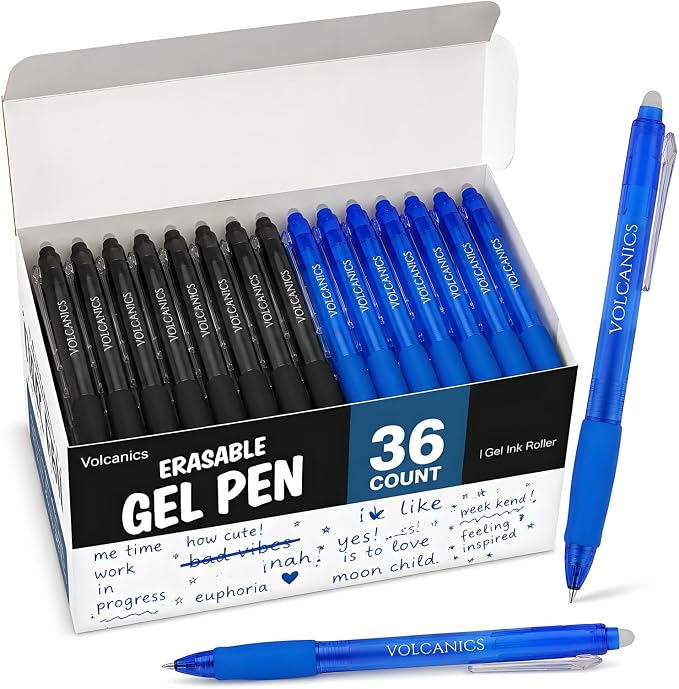 Volcanics Retractable Clicker Erasable Gel Pens - 0.7mm Ball Point, Heat Erase with Built-in Eraser, 36 Pack Blue and Soft Black