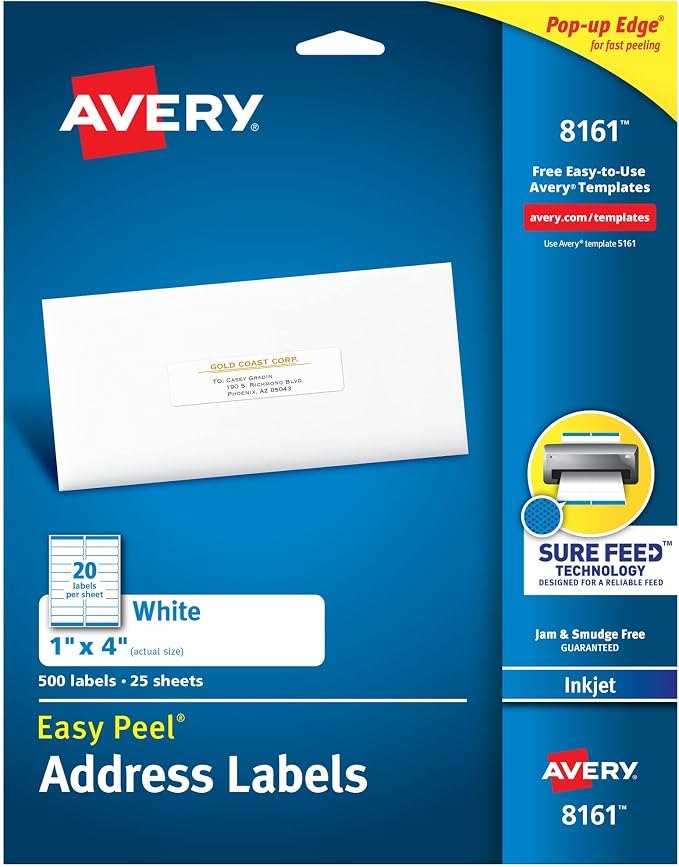 Avery Easy Peel Printable Address Labels with Sure Feed, 1" x 4", White, 500 Blank Mailing Labels (08161)