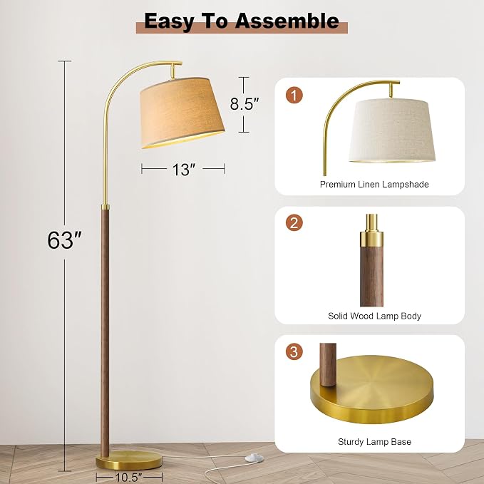 G-SAFAVA Real Wood Floor Lamps for Living Room Bedroom, 62.5" Mid Century Modern Lamp Gold Standing Tall Arc Lamps with Foot Switch, Floor Lamps for Nursery Office Decor Corner Reading Room Light