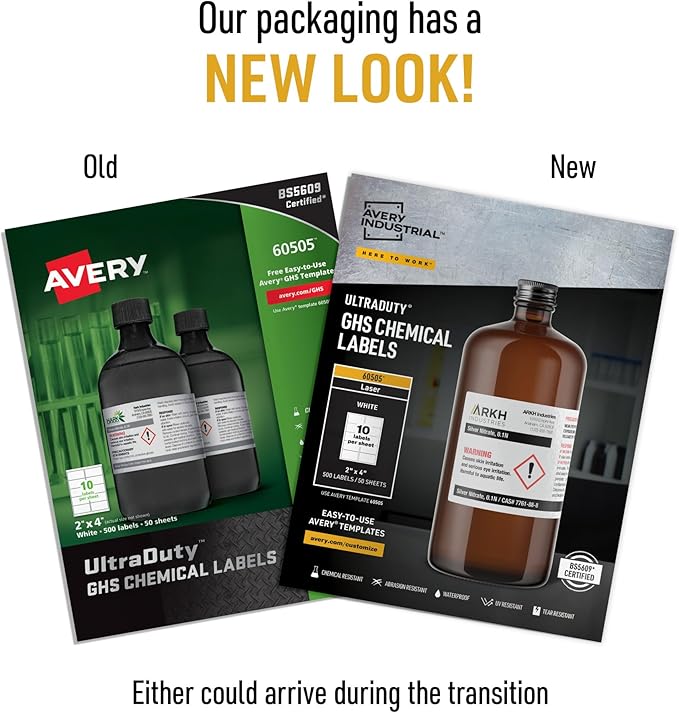 Avery UltraDuty GHS Chemical Labels for Laser Printers, Waterproof, UV Resistant, 2 x 4, 5 Packs (60505)