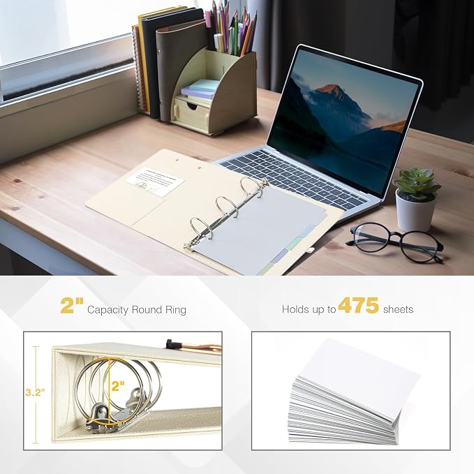 Ospelelf Mini 3 Ring Binder 5.5 x 8.5, 2 inch Round Ring Clipboard Binders Dividers with Tabs, Linen Small Binder Organizer for Office, Beige