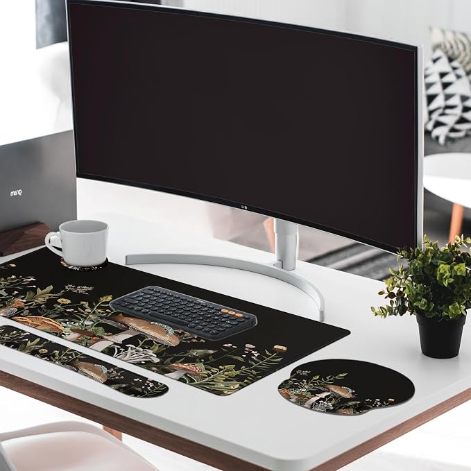 Keyboard Mouse Pad Set, 4 in 1 Desk Mat Set, Black Mushroom Flora | Large Mousepad+Keyboard Wrist Rest+Mouse Wrist Rest+Coaster Ergonomic Design for Home Office Computer