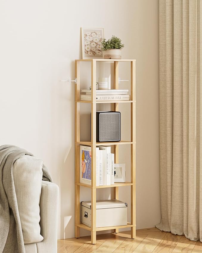 Open Book Shelf, 5 Tier Tall Bookshelf, Freestanding Shelf Narrow Bookcase with Open Shelves, 14.96" x 10.63" x 53.54", Book Shelves for Living Room, Office, Study, Oak