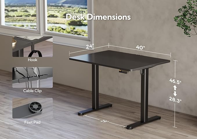 Claiks Electric Height Adjustable Standing Desk, 40x24 Inch, Black | Smooth Height Adjustment, 3 Memory Presets, Cable Management Hub&Hook, Stable Steel Frame, 176lbs Capacity, Easy Assembly