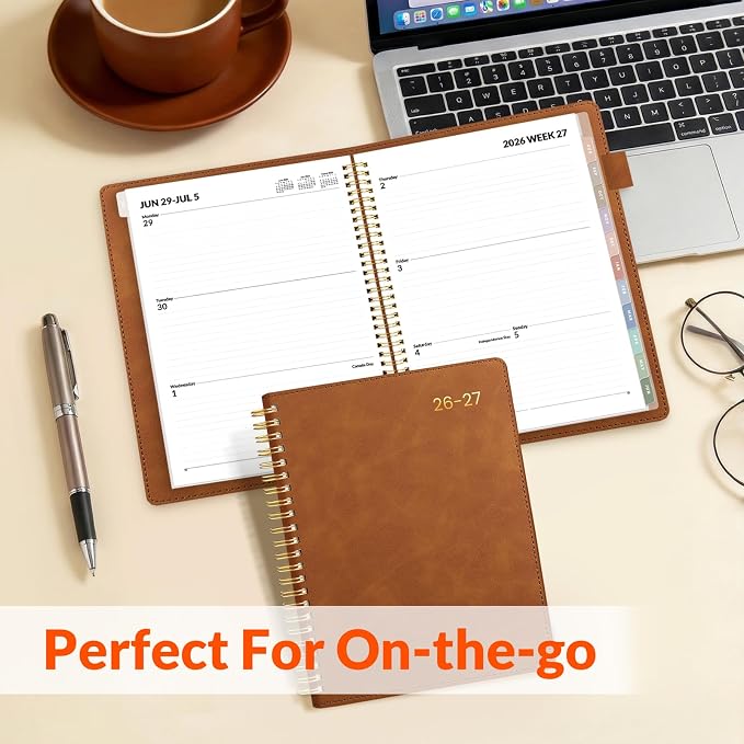 SUNEE 2026-2027 Weekly & Monthly Planner 6.4"x8.5" - 12 Month (July 2026 - June 2027), Vegan Leather Cover Planner Academic Year Calendar, Pocket, Notes, Monthly Tab, Brown
