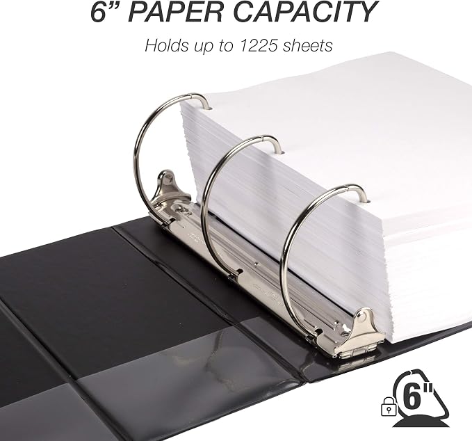 Samsill Durable 6 inch 3 Ring Binder, Locking D Ring Binder, Customizable Clear View Cover, Black, 2-Pack, Holds 1225 Pages