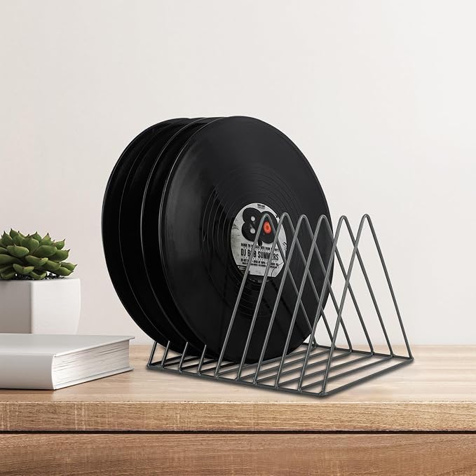 Vinyl Record Holder Storage, 9 Slot Metal Magazine Book Album Display Rack, Stylish Triangle Desktop File Sorter Organizer for Home Office, Grey