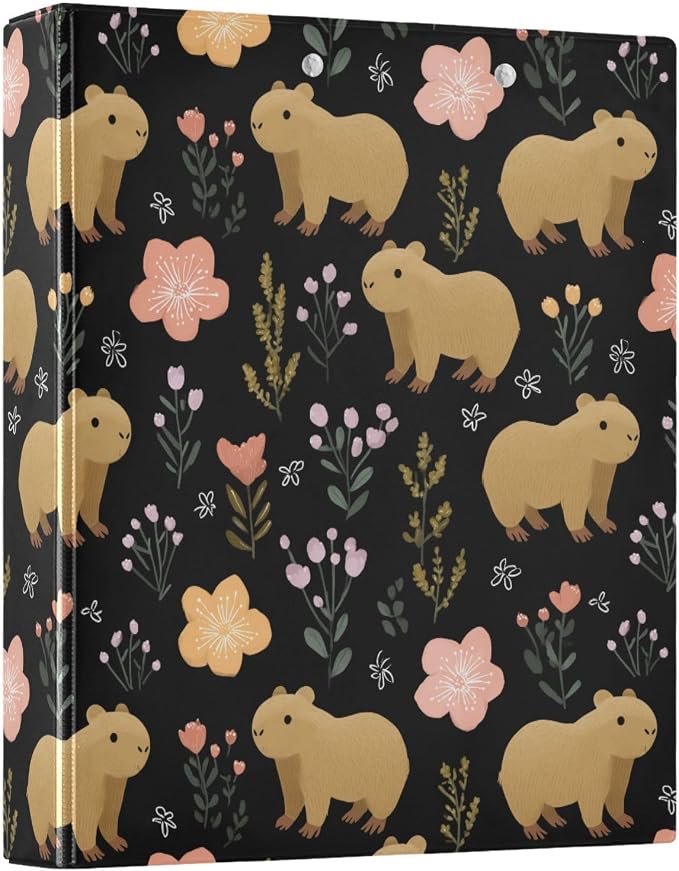 Capybara with Flowers Round Ring Binder for Recipe Budge Storage Organizer, Printed D Ring 1.5 Inch Binders for Office Work School Aesthetic Binder with Clear Pocket Non-Slip Clip