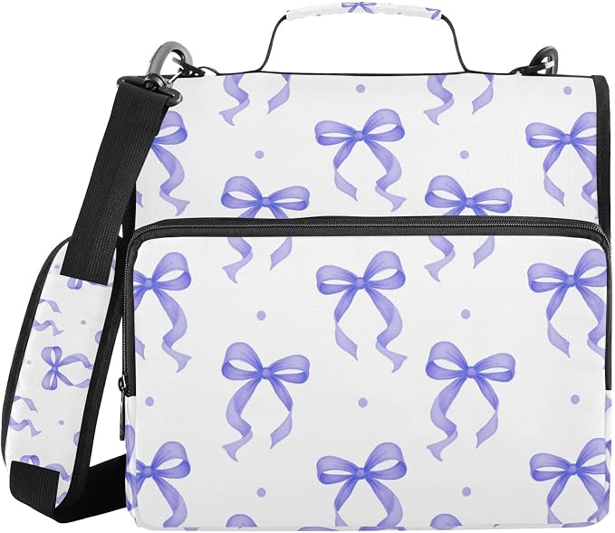 3 D-Ring Zipper Binder Bag, Purple Ribbon Bow Dots Pattern Removable Binder with Zipper Case Hold 300+ Sheets& 13 Inch Laptop for School Office Supplies Organizer