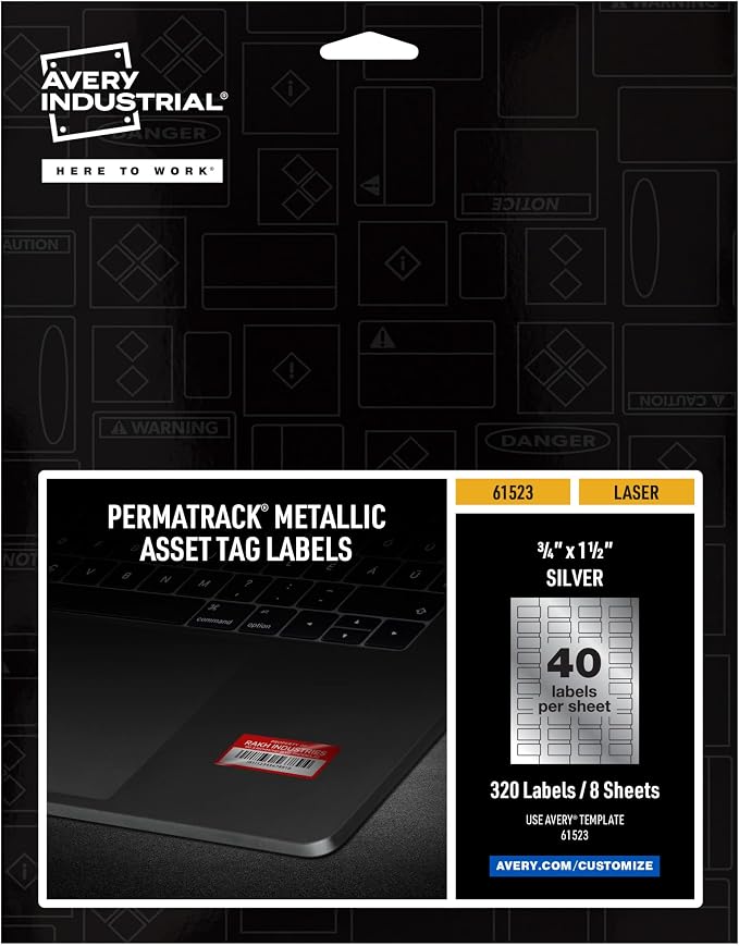 Avery® Metallic Asset Tag Labels, 3/4 x 1-1/2", Laser Printable Tags, 320 Waterproof Labels (61523)