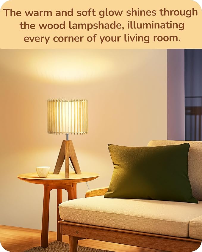 EDISHINE 14.17" Small Table Lamp, Wood-Colored Hollow Shade, E26 Base | Wood Tripod Bedside Lamp, Boho Nightstand Lamp for Bedroom, Living Room, Office, Study
