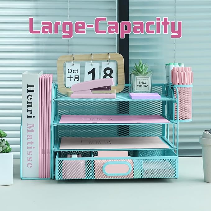 Desk Organizers and Accessories with File Holder, 4-Tier Paper Letter Tray Organiser with Drawer and 2 Pen Holder, Mesh Desktop Document Organizer for Office Supplies, Workspace - Blue