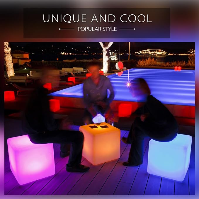 Mr.Go 16-in Rechargeable LED Cube Chair Light, 16 RGB Colors Glow Cube Seat | Waterproof LED Cube Table, Color Changing Cubes Floor Lamp w/Remote, Home Bedroom Patio Party Decorative Lighting