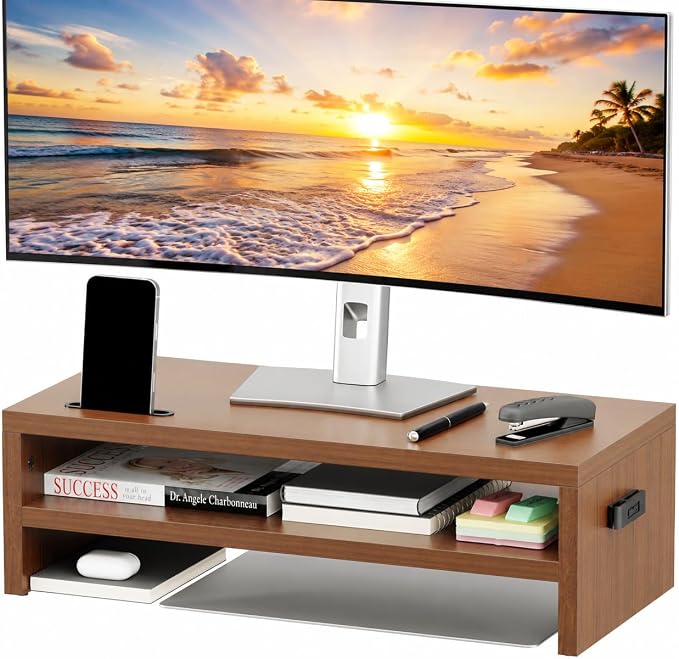 BONTEC Wood Monitor Stand Riser, 2-Tier Desktop Organizer | Ergonomic Computer Stand for Desk, Cable Management, Cellphone Holder, 21.3 Inch Shelf, Walnut