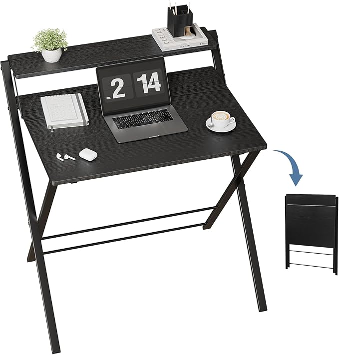 DUMOS Folding Desk No Assembly, Small Computer Desk with Shelf for Dorm | Portable Foldable Table for Laptop, Space Saving Desk for Home Office, Tight Spaces Apartment, Ink