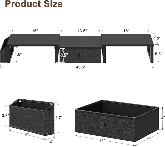 LAND·VOI Dual Monitor Stand with Drawer and Side Pockets, Monitor Riser for Desk, Home Office Desk Storage, Multi-Scenario Adaptation for Work and Entertainment, Black, HMS02BK