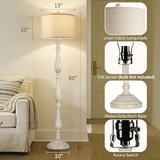 Vintage Floor Lamp for Living Room, Rustic Farmhouse Standing Lamp with Rotary Switch and Linen Shade, Retro Resin Floor Lamp for Bedroom, Corner, Dining Room, House Decor, White