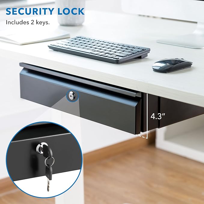 Mount-It! Locking Under Desk Pull-Out Drawer, Heavy-Duty Steel Under Table Slide-Out Storage Organizer with Key Lock for Private Storage, Smooth Glide Track, Fits Desks Over 0.71″ Thick