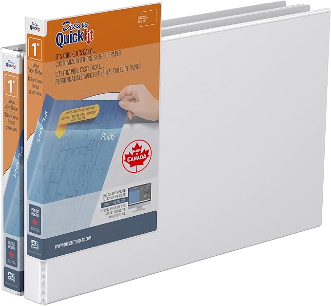 QuickFit Heavy Duty 11 x 17 Inch Spreadsheet View Binder, D Ring, White, 2 Pack, 1 Inch