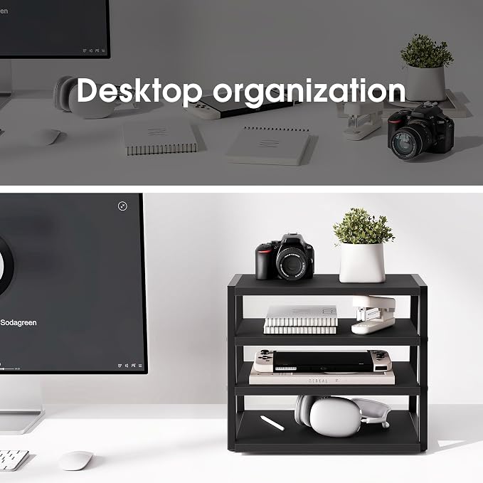 Fenge Desk Shelf Organizer, 4-Tier Tower Desktop Office Shelves, Black | Wood and Metal Open Shelf, Corner File Organizer for Office Supplies, Top of Desk Organizers and Accessories