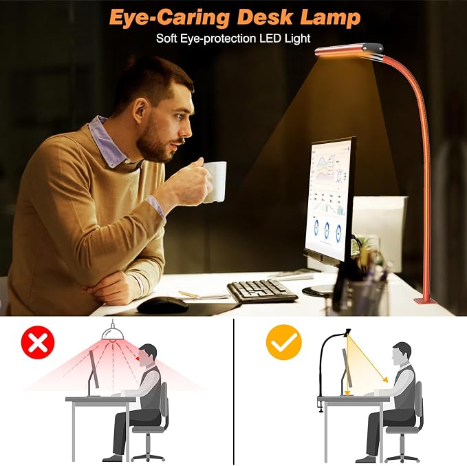 Airlonv LED Desk Lamp with Clamp, 17" Stepless Dimming Light, Orange | 2700K-6500K, 100 LEDs, 360° Gooseneck, Fits Up to 30" Monitors, Flicker-Free Lighting for Home Office, Study& Workbench