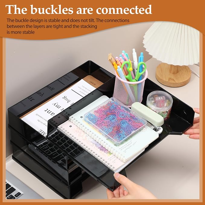 DoubleFill 8 Pcs Stackable Letter Tray Rectangular Plastic Desk Organizer 13 x 9.5 x 2.6 in Paper Holder File Tray Accessories Rack for Desktop Office Desk Drawers (Black)