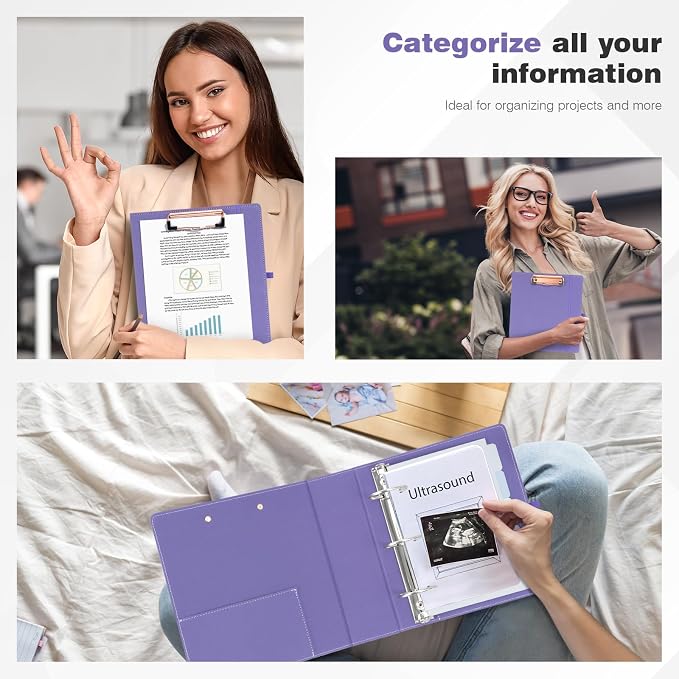 Ospelelf Mini 3 Ring Binder 2 inch Round Ring, 5.5 x 8.5 Purple Clipboard Binders Dividers with Tabs, Linen Binder Organizer for Office, Purple