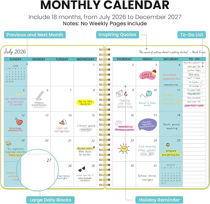 Monthly Planner 2026-2027, 18 Months Calendar, Jul 2026-Dec 2027