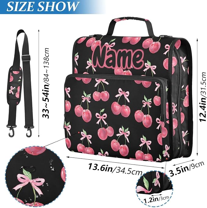 Custom Watercolor Cherry Bow 3 Ring Binder Bag 1.5 inch Personalized Name Binder Organizer 500 Sheet Documents Storage for School Office