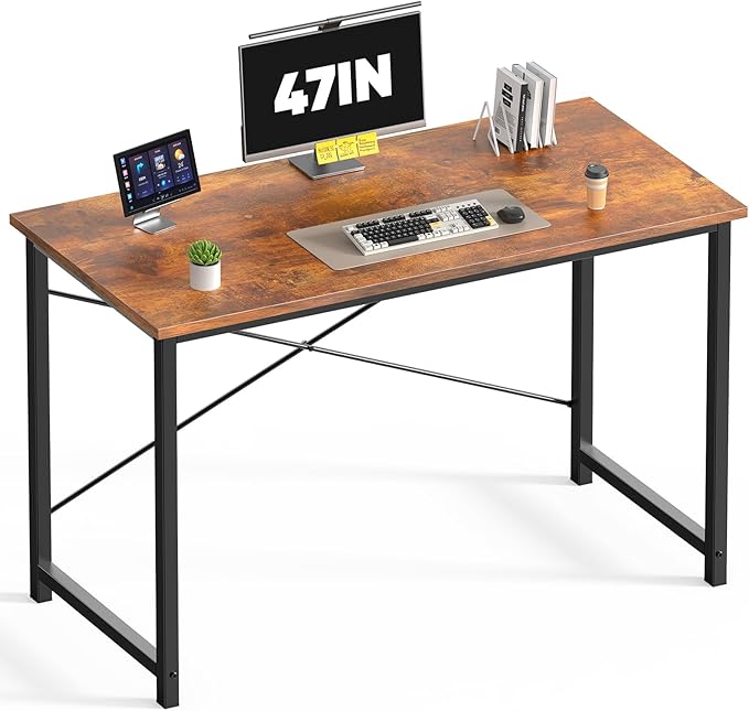 DUMOS 47 Inch Small Computer Desk, Gaming Desks for Home Office Bedroom | Modern Study Writing Work Table, Craft PC Desk Simple Workstation with Reinforcement Structure, Modern Rustic Brown