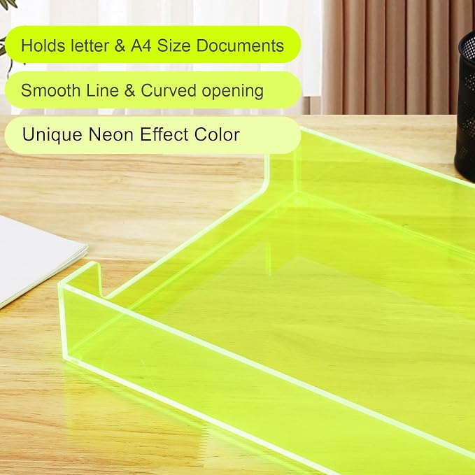 Paper Tray Acrylic File Organizer for Desk Letter Tray Desk Organizer Document Holder Sorter Storage for A4 Office Supplies Magazines, 13.8x10.6x2.4 Inches, Neon Green