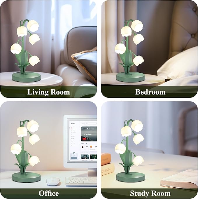 WERFOP Vintage Lily of the Valley Flower Table Lamp Green | 3 Color Adjustable LED Bedside Lamp, Cute Night Light for Bedroom, Living Room, Dorm Room, Office & Home Decor (Green)