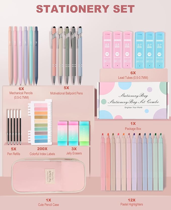 39PCS Aesthetic School Supplies with Cute Pencil Case, 5X Ballpoint Pens with Stylus Tip, 12X Pastel Highlighters, 6X Mechanical Pencil Set 0.5&0.7mm, Suit for Preppy School College Essentials (pink)