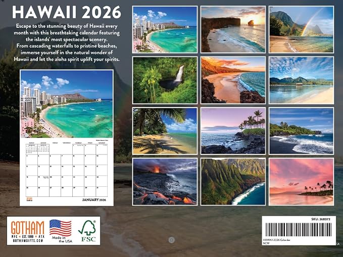 Hawaii Calendar 2026 Hawaiian Tropical Gifts Beach Maui Kauai Wall 12 Month Monthly HI Scenic Souvenirs Hawaiian Themed Gifts | American Made In The USA