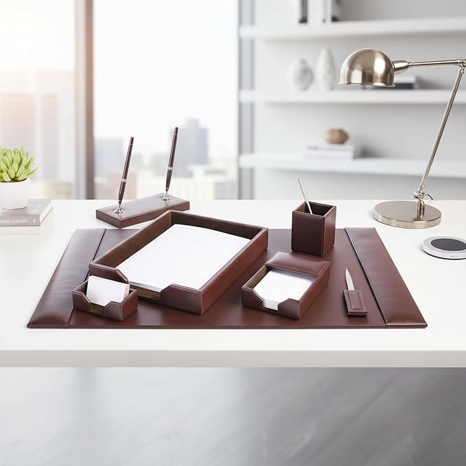 Dacasso Bonded Set Luxury Leather Desk Pad & Desk Organization Essentials, 7 Piece, Dark Brown