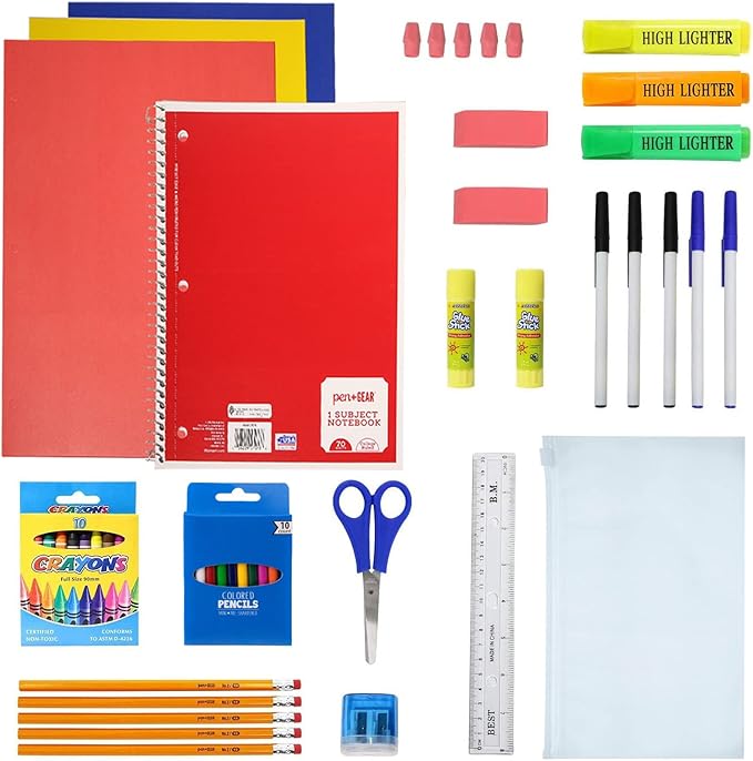 Moda West 24 Pack Bulk School Supplies 50 Piece Kit - Pens, Pencils, Crayons, and More - Value Pack of 24 Kits - Essential Box of School Supplies for Elementary, Middle, and High School Students