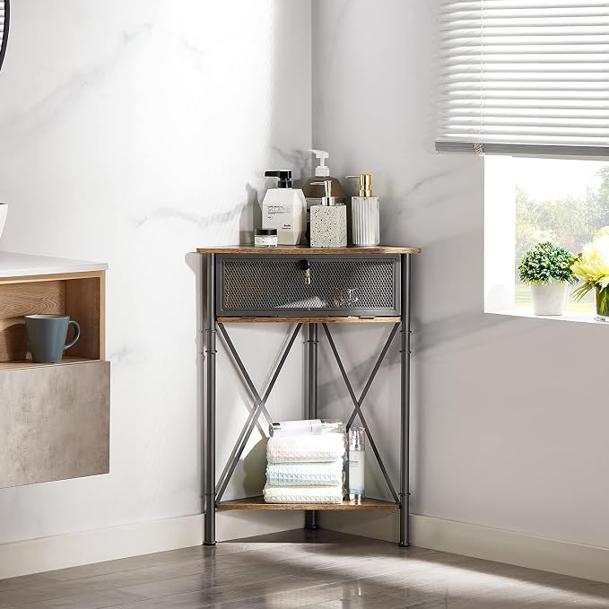 VECELO Cabinet/Table, 3-Tier Display Shelves with Protection Door, Metal Frame Storage Shelf Organizer for Small Space, Living Room, Kitchen, Bathroom, Set of 2, Grey+Black