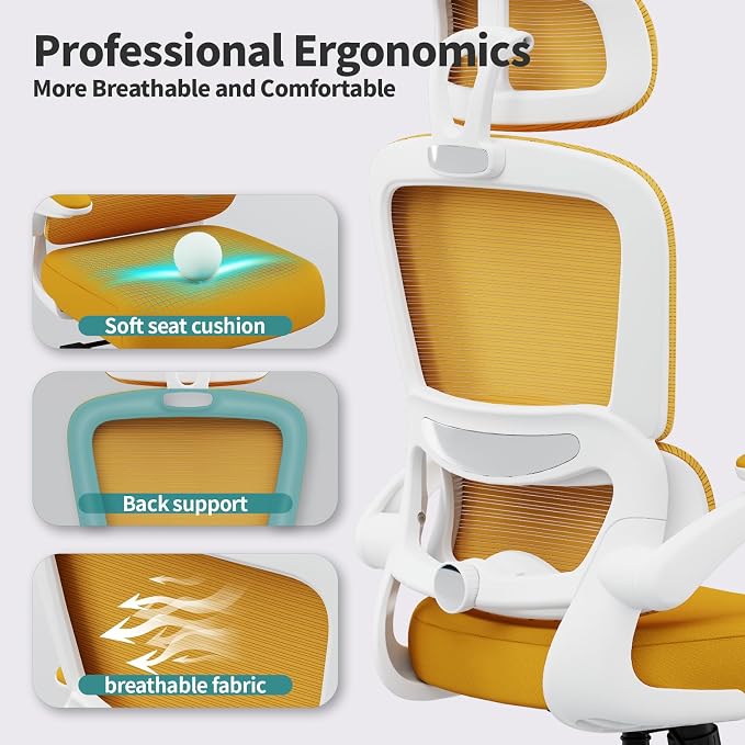 TRALT Office Chair Ergonomic Desk Chair - Gaming Chair with Lumbar Support | 330 LBS Home Office Desk Chairs with Headrest, Reading Chair with Flip-up Armrests, Comfortable Computer Chairs (1, Yellow)