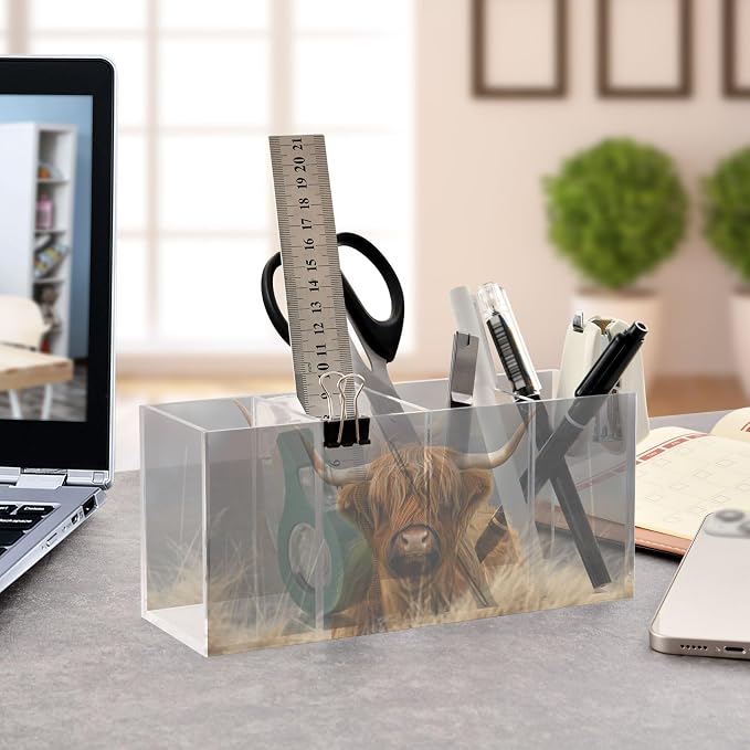 Highland Cow Cattle Acrylic Pencil Pen Holder Desk Accessories Holder, Cosmetic Brush Organizer Modern Design Desktop Stationery Organizer for Office School and Home 7.87 x 2.48 x 3.54 In