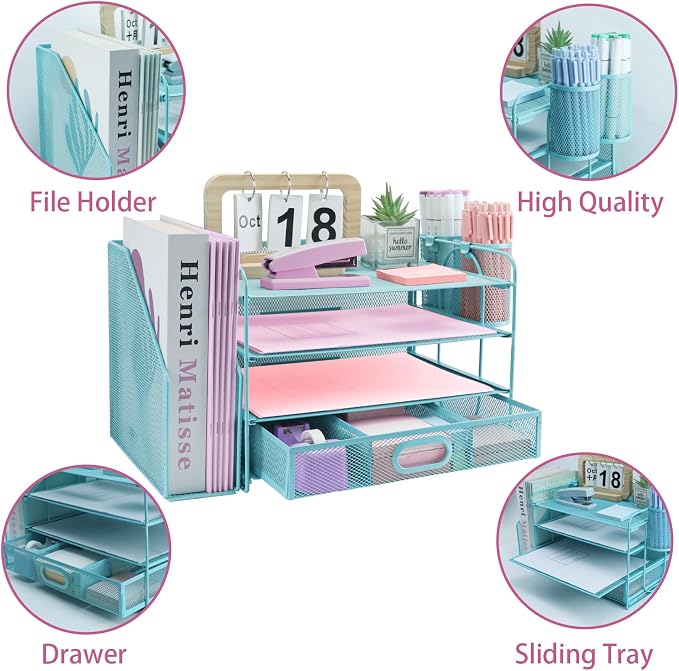 Desk Organizers and Accessories with File Holder, 4-Tier Paper Letter Tray Organiser with Drawer and 2 Pen Holder, Mesh Desktop Document Organizer for Office Supplies, Workspace - Blue