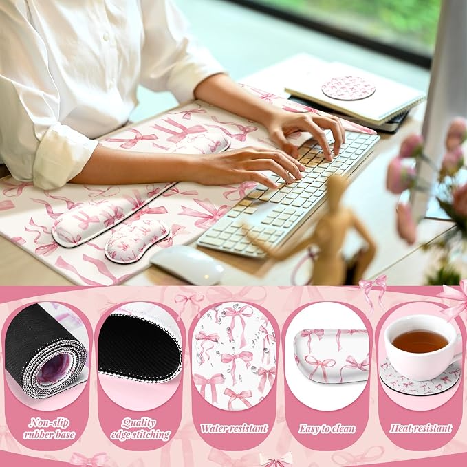 Relaxweex 4 Pcs Pink Bow Mouse Pad Keyboard Mat Set Wrist Rest | Coquette Desk Mat, Bowknot Mouse Pad, Cute Keyboard Wrist Rest, Preppy Cup Coasters, Office Computer Accessories