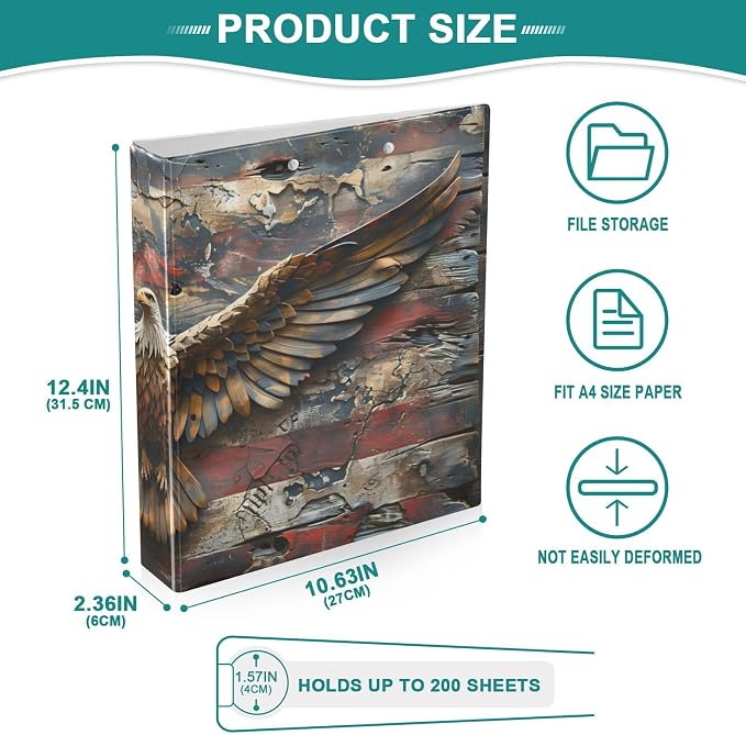 3 Ring Binder Eagle American Flag Vintage 1.5 inch Binders Three Ring Binders with Clipboard Fit 8.5'' x 11'' Paper 3 Interior PVC Clear Pockets for Office Supplies