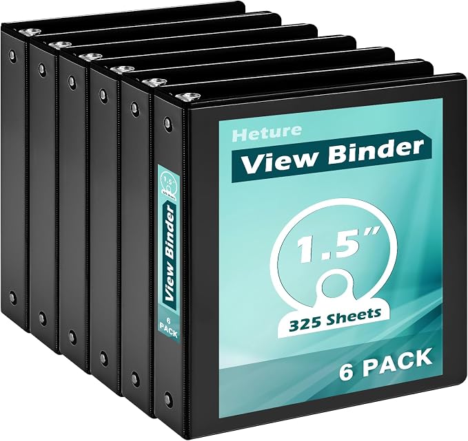 Heture 3 Ring Binder 1.5 Inch 6 Pack, 1-1/2" Clear View with Round Rings, PVC-Free,Holds for 325 Sheets 8.5X 11 US Letter Size Paper, Durable Black Perfect for Office,School and Home