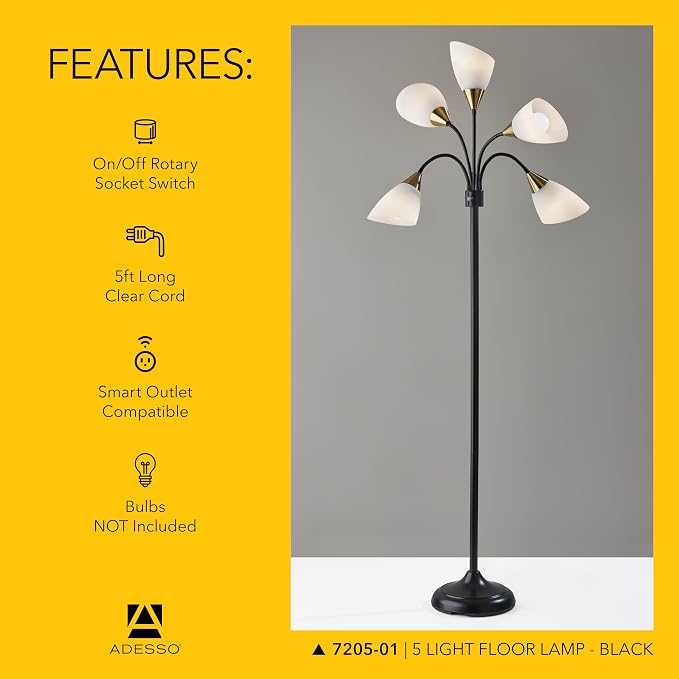 Adesso 5-Light Floor Lamp, Black, Movable Shades, Adjustable, 67”