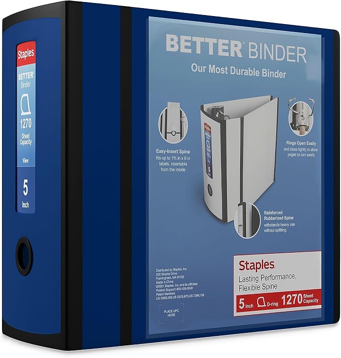 Staples Better 5-Inch D-Ring View Binder, Blue, Reinforced Spine | Extra-large capacity binder for archiving everyday office documents.