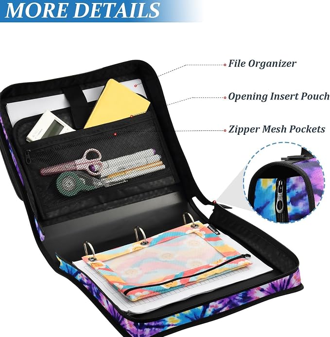 Tie Dye Blue Purple 3 Ring Binder Bag 1.5 inch Binder Organizer with Zipper Shoulder Strap 500 Sheet Documents Storage for School Office