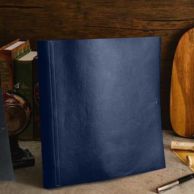 Teling 1 Pcs Leather 3 Ring Binder Holds 8.5 x 11 Inch Paper Binder Organizer Vintage Faux Leather Portfolio Folder Planner for Office Home Document Photo Diary Supplies (Navy Blue)
