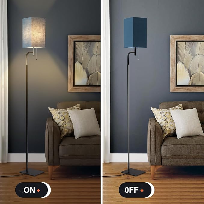 Modern Floor Lamp with 3 Color Temperatures, Square Linen Shade & Solid Iron Flat Base for Stability - Perfect for Compact Spaces Under Sofas or Behind Sectionals, Living Room, Bedroom, Office, Blue